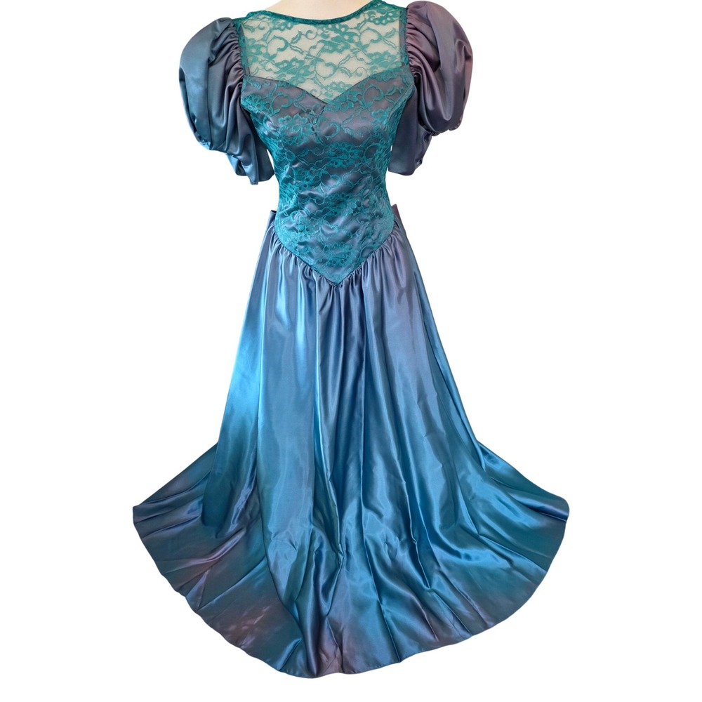 Vtg 80s Iridescent Teal Satin Lace Prom Gown dress Puff Sleeve Bow Train 7/8